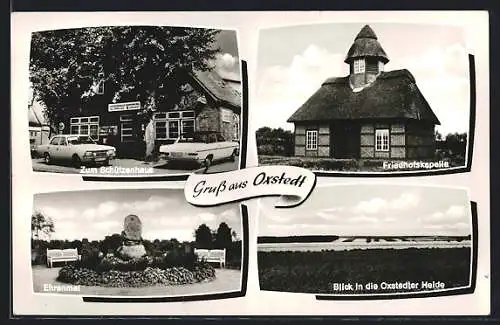 AK Oxstedt, Zum Schützenhaus, Friedhofskapelle, Ehrenmal, Blick in die Oxstedter Heide