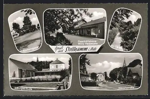 AK Stollhamm / Oldenburg, Schule, Hauptstrasse, Geschäftshaus v. Willy Heckmann