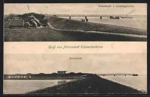 AK Eckwarderhörne, Nordseebad, Strandhalle und Landungsbrücke, Badestrand