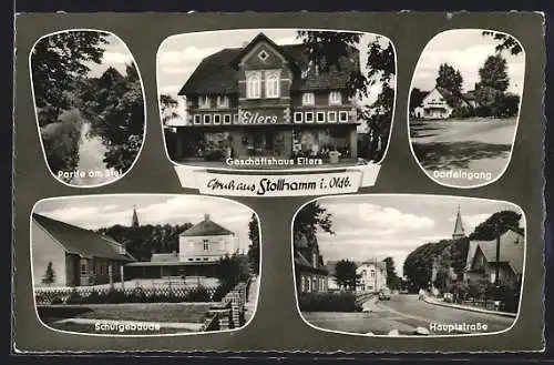 AK Stollhamm, Geschäftshaus Eilers, Partie am Siel, Schulgebäude, Hauptstrasse, Dorfeingang