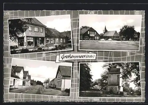 AK Grossenmeer /Oldb., Geschäft von Georg Wübbenhorst, Kirche, Denkmal