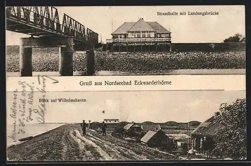 AK Eckwarderhörne, Café Strandhalle mit Landungsbrücke, Blick auf Wilhelmshaven