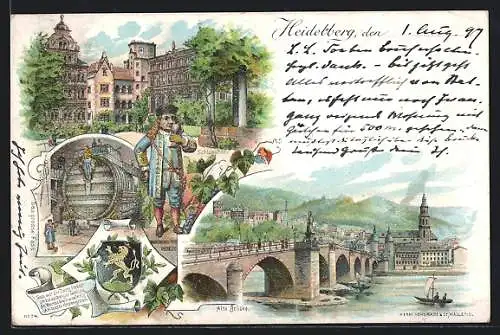 Lithographie Heidelberg, Perkeo mit Weinkelch, Grosses Fass, Schlosshof, Ortsansicht mit alter Brücke, Wappen