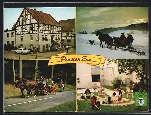 AK Bernsburg-Vogelsberg /Kreis Oberhessen, Pension Eva, Spielplatz, Pferdeschlitten
