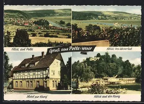 AK Polle /Weser, Hotel zur Burg, Burg mit Dampfer, Wesertal