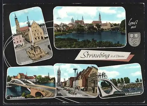 AK Straubing a. d. Donau, Stadtplatz, Donaubrücke, Ludwigsplatz und Schwimmbad
