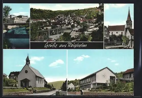 AK Roigheim, Ortsansicht mit Kirchen und Flusspartie