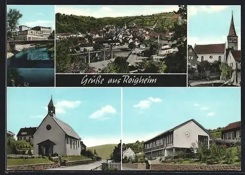 AK Roigheim, Flusspartie und Strassenpartie mit Kirche