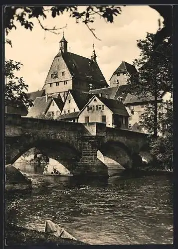 AK Besigheim a. Enz, Flusspartie mit Brücke