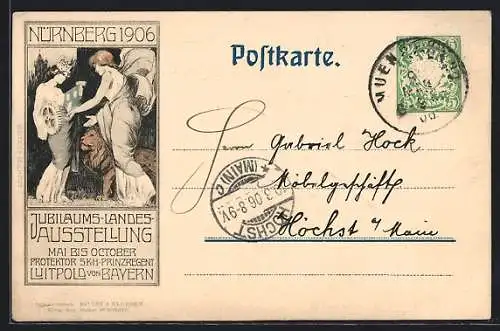 AK Nürnberg, Bayerische Jubiläums-Ausstellung 1906, Frauen mit Wappen, Zahnrad und Hammer
