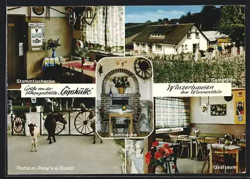 AK Winzerhausen, Höhengaststätte Gipshütte mit Stammtisch, Gastraum und Kaminecke