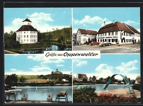 AK Oppenweiler, Gasthof Löwen, Ortsansicht, Schwimmbad