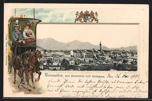 Passepartout-Lithographie Traunstein, Teilansicht mit Hochfelln und Hochgern, Postkutsche, Wappen