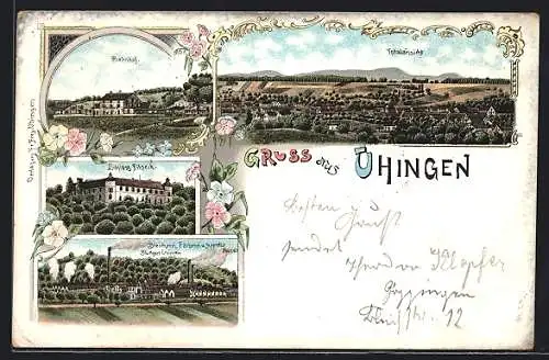 Lithographie Stuttgart-Uhingen, Bleicherei, Färberei und Appretur-Anstalt, Schloss Filseck, Bahnhof