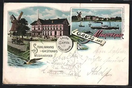 Lithographie Hamburg-Moorwärder, Stuhlmanns Gasthaus und Windmühle