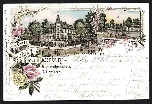 Lithographie Hamburg-Altona, Gesellschafts-Haus Rosenburg, Strassenbahn