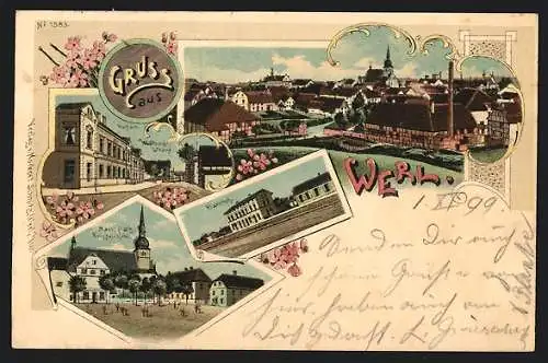 Lithographie Werl, Bahnhof, Postamt, Marktplatz, Propstei-Kirche