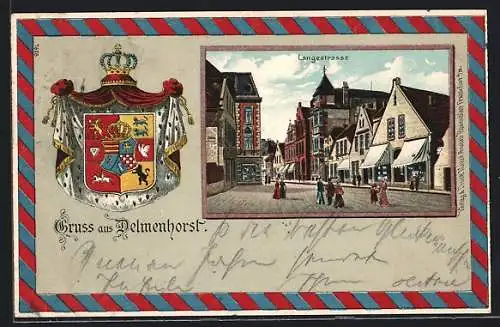 Passepartout-Lithographie Delmenhorst, Langestrasse mit Passanten, Wappen