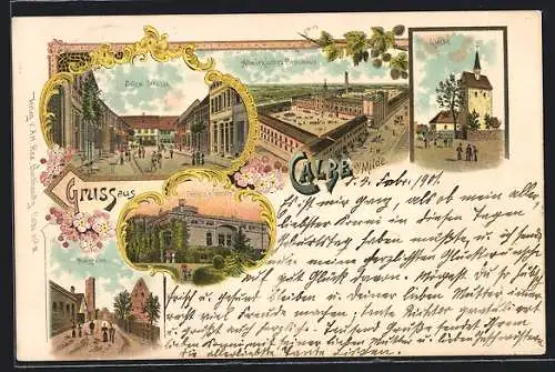 Lithographie Calbe a. Milde, Altmärkisches Brauhaus, Salzw. Strasse, Kirche