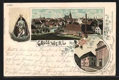 Lithographie Werl, Teilansicht, Kloster, Gnadenbild