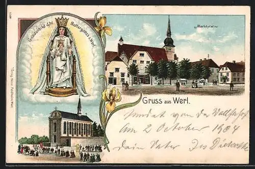 Lithographie Werl, Gnadenbild, Marktplatz mit Kirche