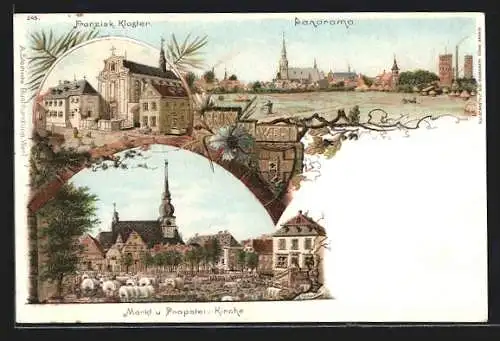 Lithographie Werl, Markt und Propstei-Kirche, Franziskaner-Kloster