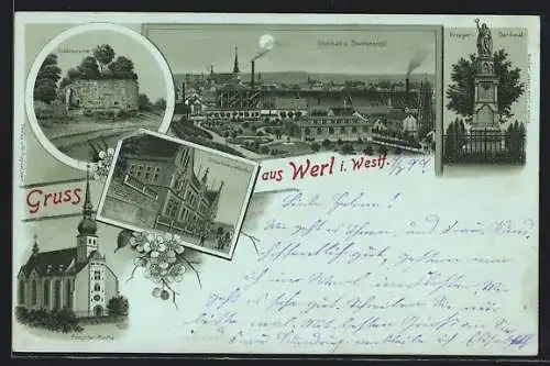 Mondschein-Lithographie Werl i. Westf., Soolbad, Krieger-Denkmal, Schlossruine