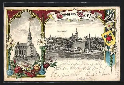 Lithographie Werl, Propstei-Kirche, Totalansicht