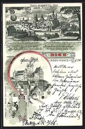 Lithographie Diez, Gesamtansicht mit Schloss, Tenui Pendentia Filo