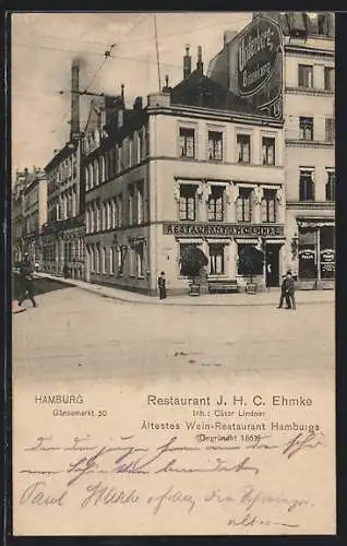 AK Hamburg-Neustadt, Restaurant J. Ehmke v. C. Lindner, Gänsemarkt 30