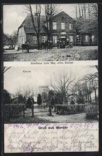 AK Warder, Gasthaus zum See von Johs. Stolten, Kirche