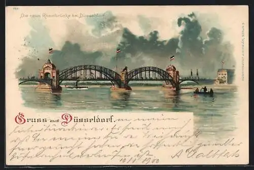 Lithographie Düsseldorf, Blick auf die neue Rheinbrücke