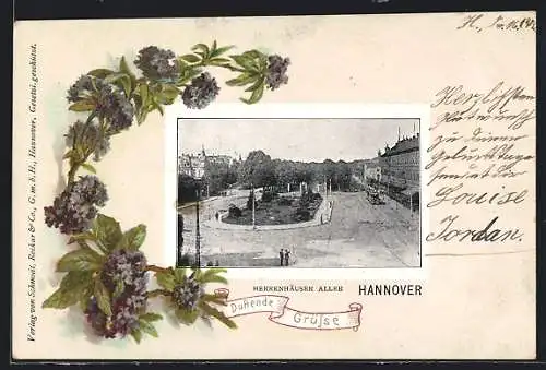 Passepartout-Lithographie Hannover, Herrenhäuser Allee, Flieder, Duftende Grüsse