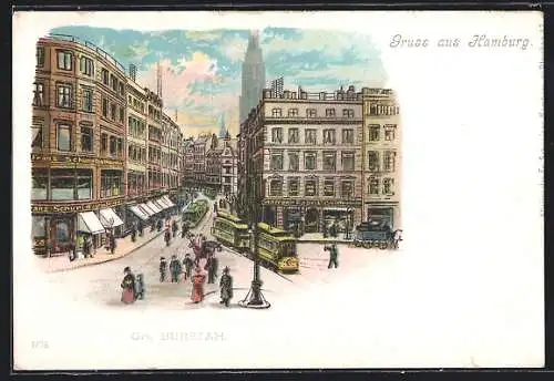 Lithographie Hamburg, Gr. Burstah aus der Vogelschau