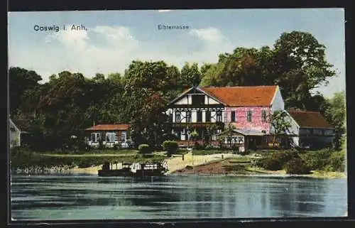 AK Coswig i. Anh., Haus Elbterrasse, vom Wasser gesehen