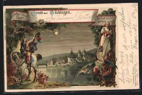 Künstler-AK Trompeter von Säckingen zu Pferd, Frau mit Krone, Teilansicht mit Brücke, Behüt Dich Gott!