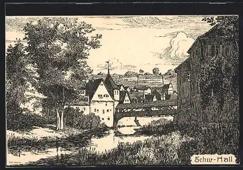 Künstler-AK Schw. Hall, Ortsansicht