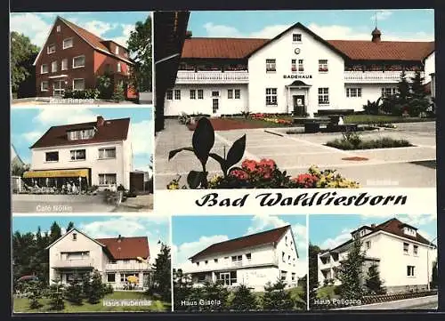 AK Bad Waldliesborn /Lippstadt, Cafe Nölke, Haus Hubertus und weitere Pensionen, Badehaus