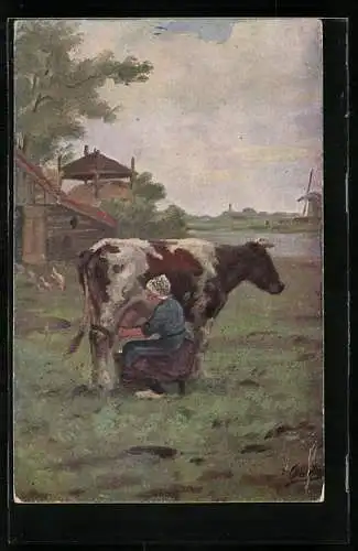 AK Bäuerin beim Melken, Windmühle