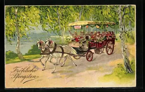 AK Familien machen einen Ausflug mit einem Pferdegespann
