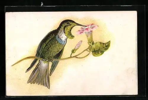 AK Grüner Vogel mit einer kelchförmigen Blüte