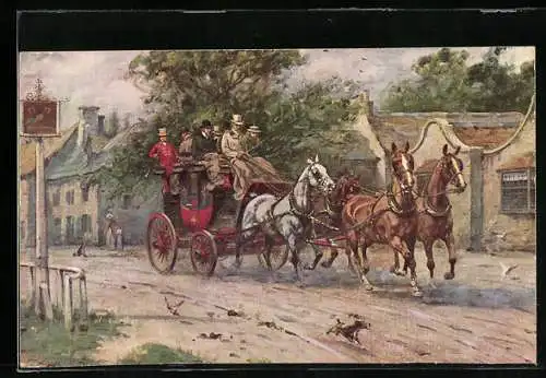 AK Pferdekutsche mit Passagieren bei der Fahrt über eine Strasse