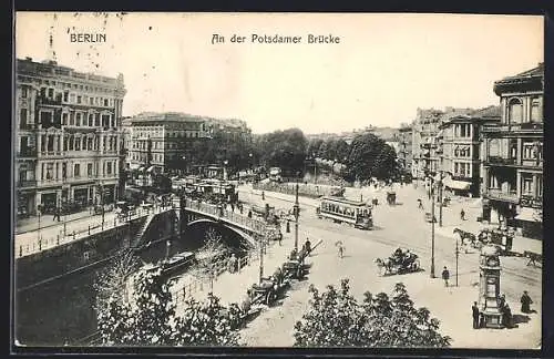 AK Berlin, Potsdamer Brücke mit Strassenbahnen