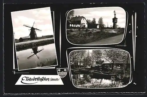 AK Elisabethfehn i. Oldb., an der Windmühle, Wasserturm und Uferanlagen