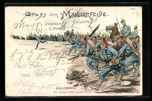 Künstler-AK Bruno Bürger & Ottillie Nr. 602: Gruss aus dem Manöver, Bayr. Infanterie beim Sturm