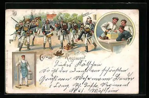 Lithographie Kaisermanöver, Soldaten beim Hahnenkampf
