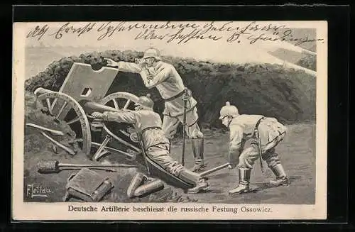 Künstler-AK sign. F. Lettau: Deutsche Artillerie eschiesst die russische Festung Ossowicz