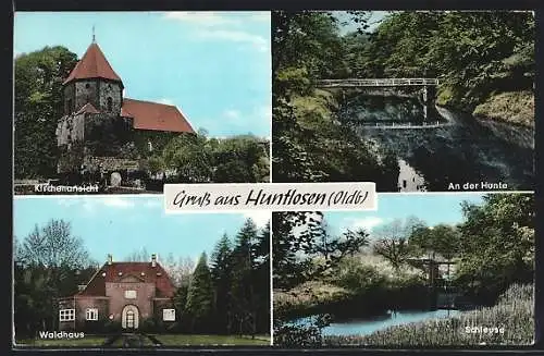 AK Huntlosen /Oldb., Waldhaus, Schleuse, Huntepartie mit Brücke