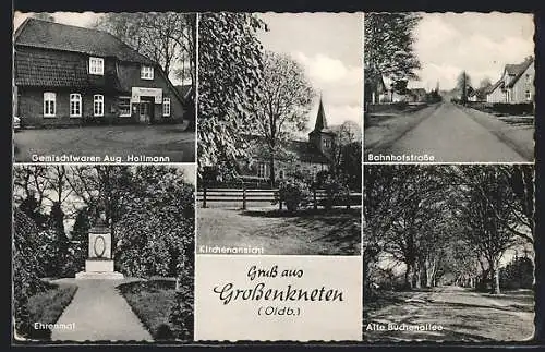 AK Grossenkneten, Gemischtwaren Hollmann, Bahnhofstrasse, Ehrenmal