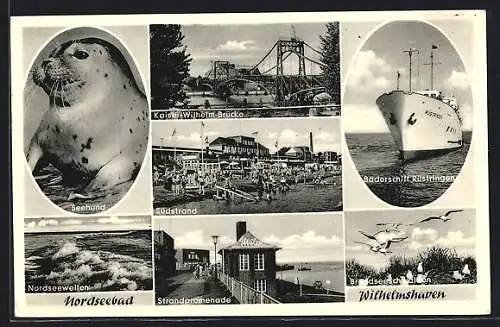 AK Wilhelmshaven, Strandpromenade, Kaiser-Wilhelm-Brücke und Bäderschiff Rüstringen
